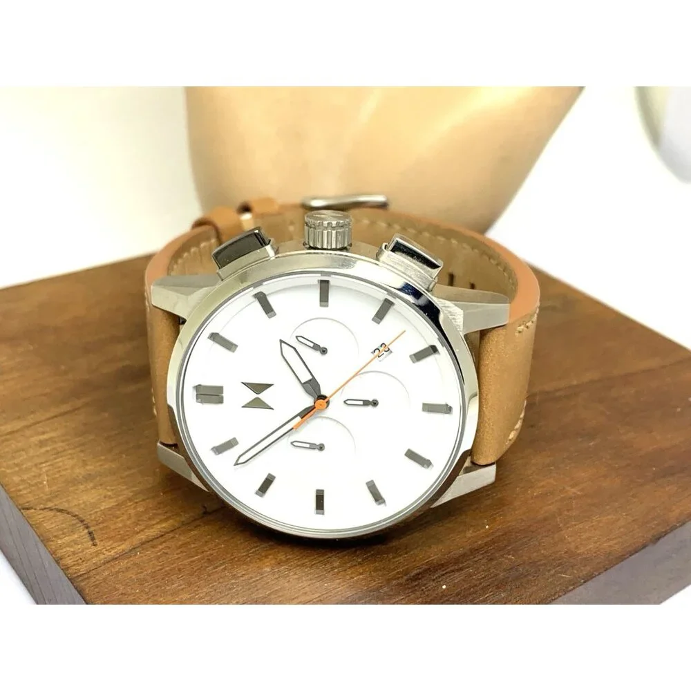 MVMT Men's Watch Quartz Chronograph White Dial Brown Leather Band 44mm